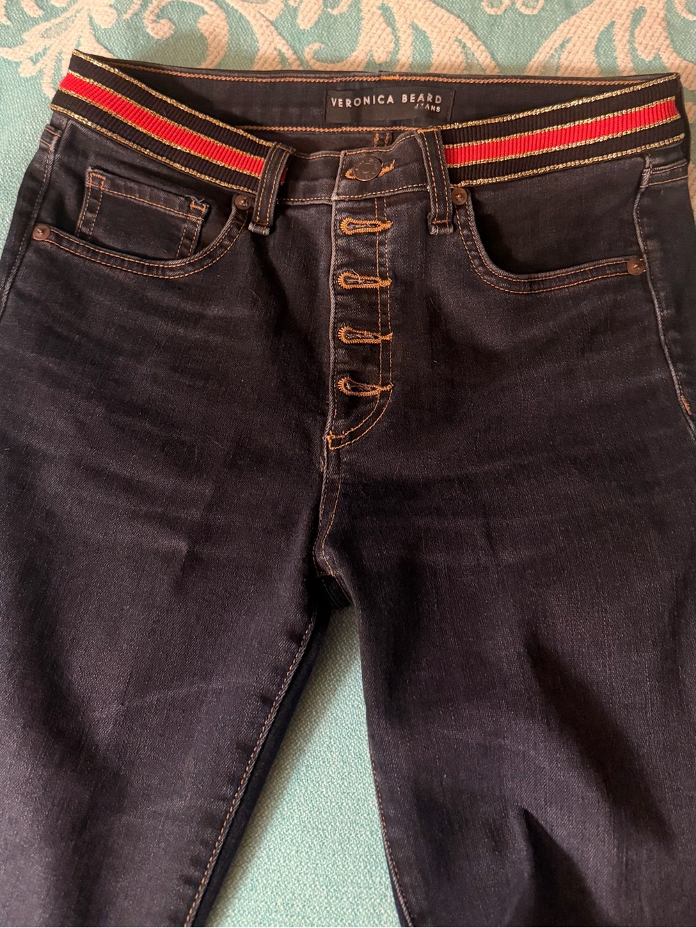 Veronica Beard Dark Blue Button-Fly Flare Jeans